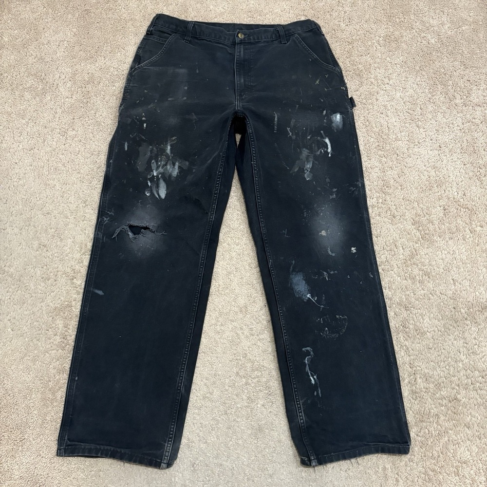 Vtg Carhartt Carpenter Pants 36x32 Faded Black Distressed Paint Baggy B11 BLK